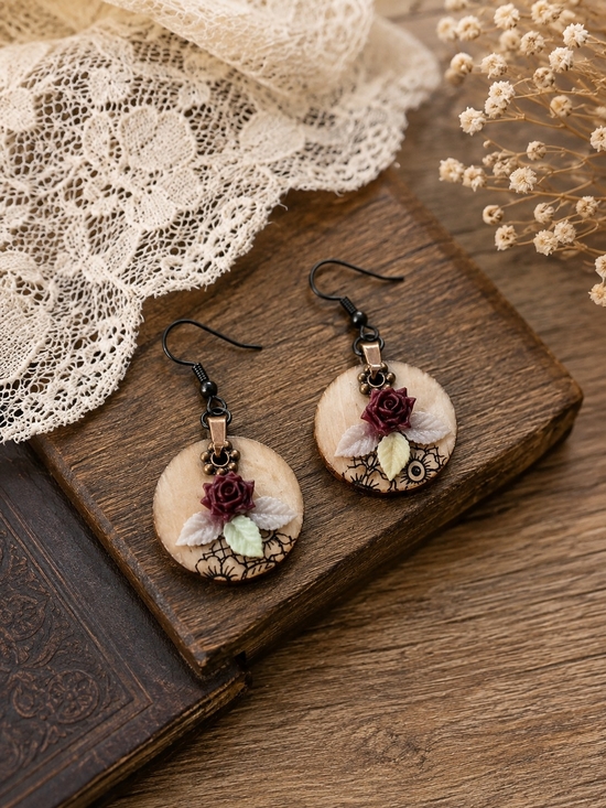 Handmade Jewelry - Handcrafted Burgundy Rose Wood Drop Earrings - Women Jewelry